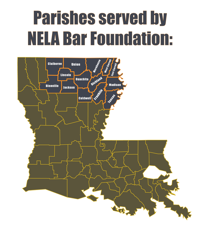 Map of Louisiana showing 14 parishes Bienville, Caldwell, Claiborne, East Carroll, Franklin, Jackson, Lincoln, Madison, Morehouse, Ouachita, Richland, Tensas, Union, and West Carroll served by NELA Bar Foundation